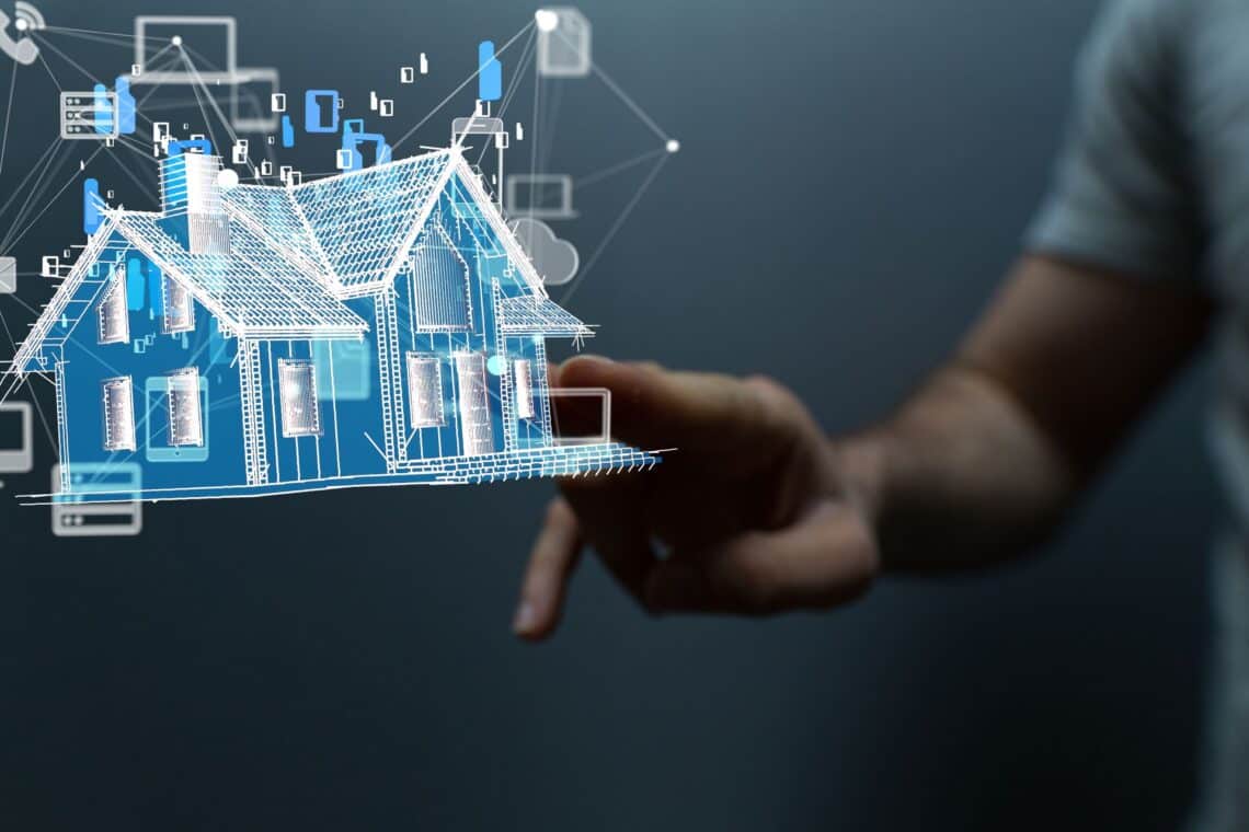 Eine digitale Darstellung eines vernetzten Hauses mit technischer Infrastruktur im Hintergrund. Unsichtbare Komponenten wie die Spleißbox spielen eine zentrale Rolle bei der reibungslosen Glasfaservernetzung im Smart Home.