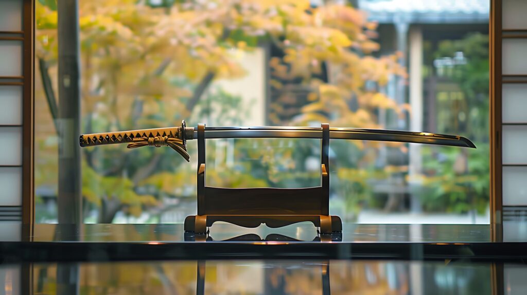 Ein Katana Schwert präsentiert sich stilvoll auf einem Schwertständer, eingerahmt von einer traditionellen japanischen Kulisse – Symbol für Samurai-Kultur und handwerkliche Meisterschaft.