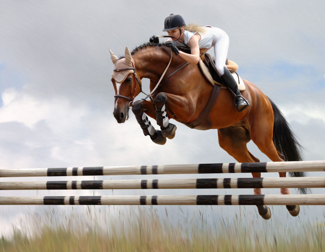 Jumping horses for sale: Jumping horse with female rider clearing an obstacle