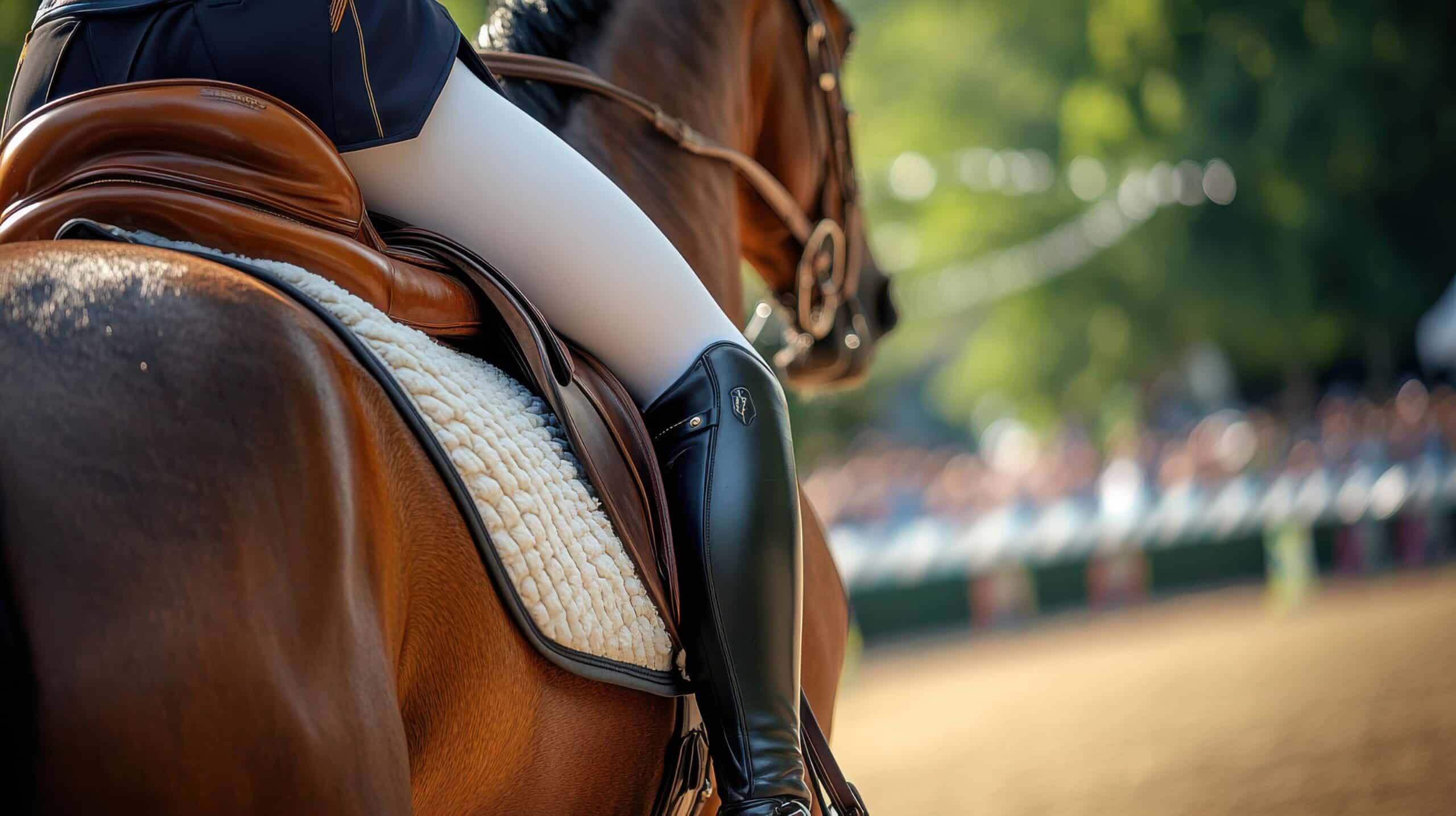 Jumping horses for sale: Close-up of rider's leg on a well-groomed jumping horse