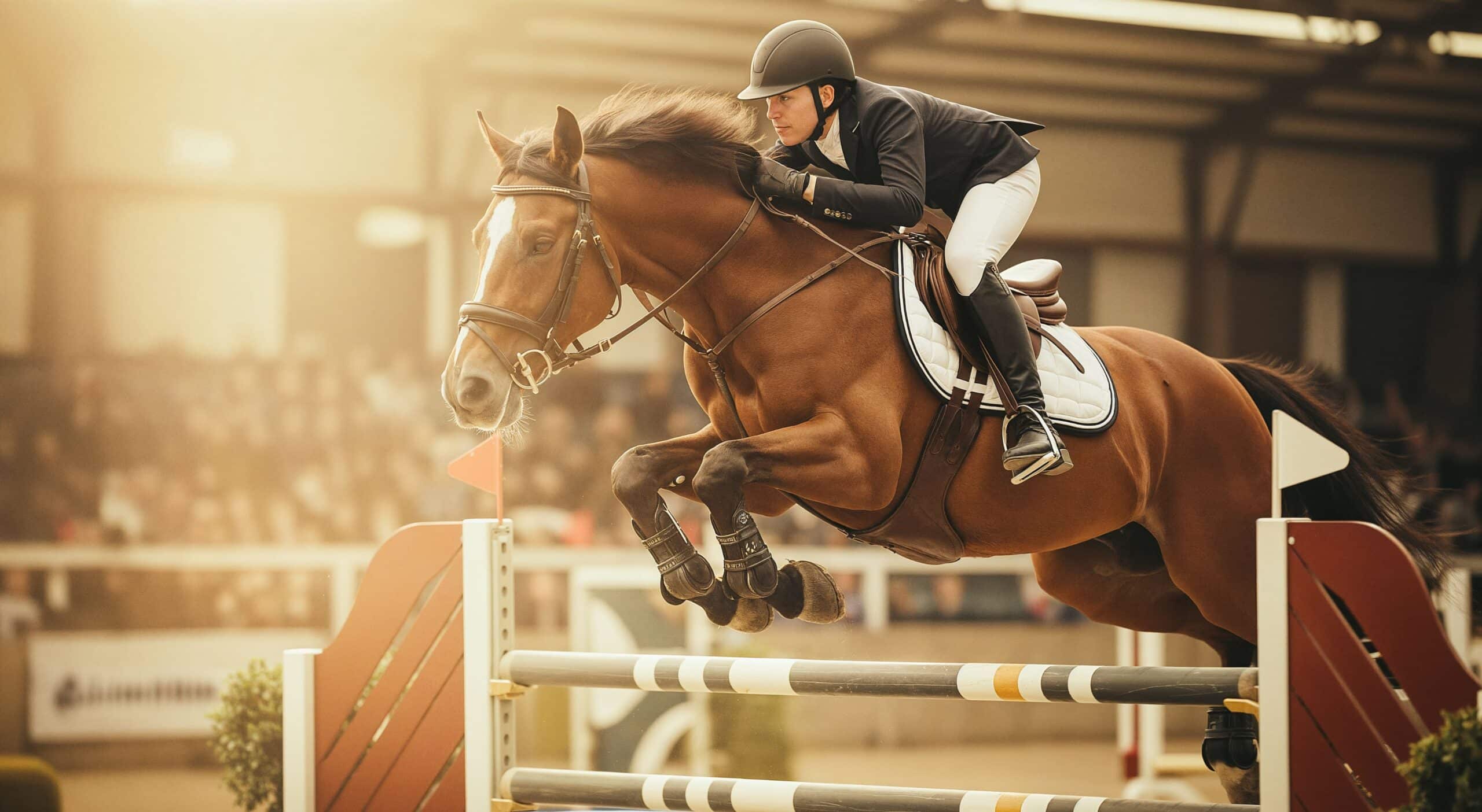 Jumping horses for sale: Rider and horse mid-jump at indoor show