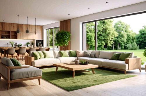 Modernes Wohnzimmer mit Blick auf den grünen Garten.