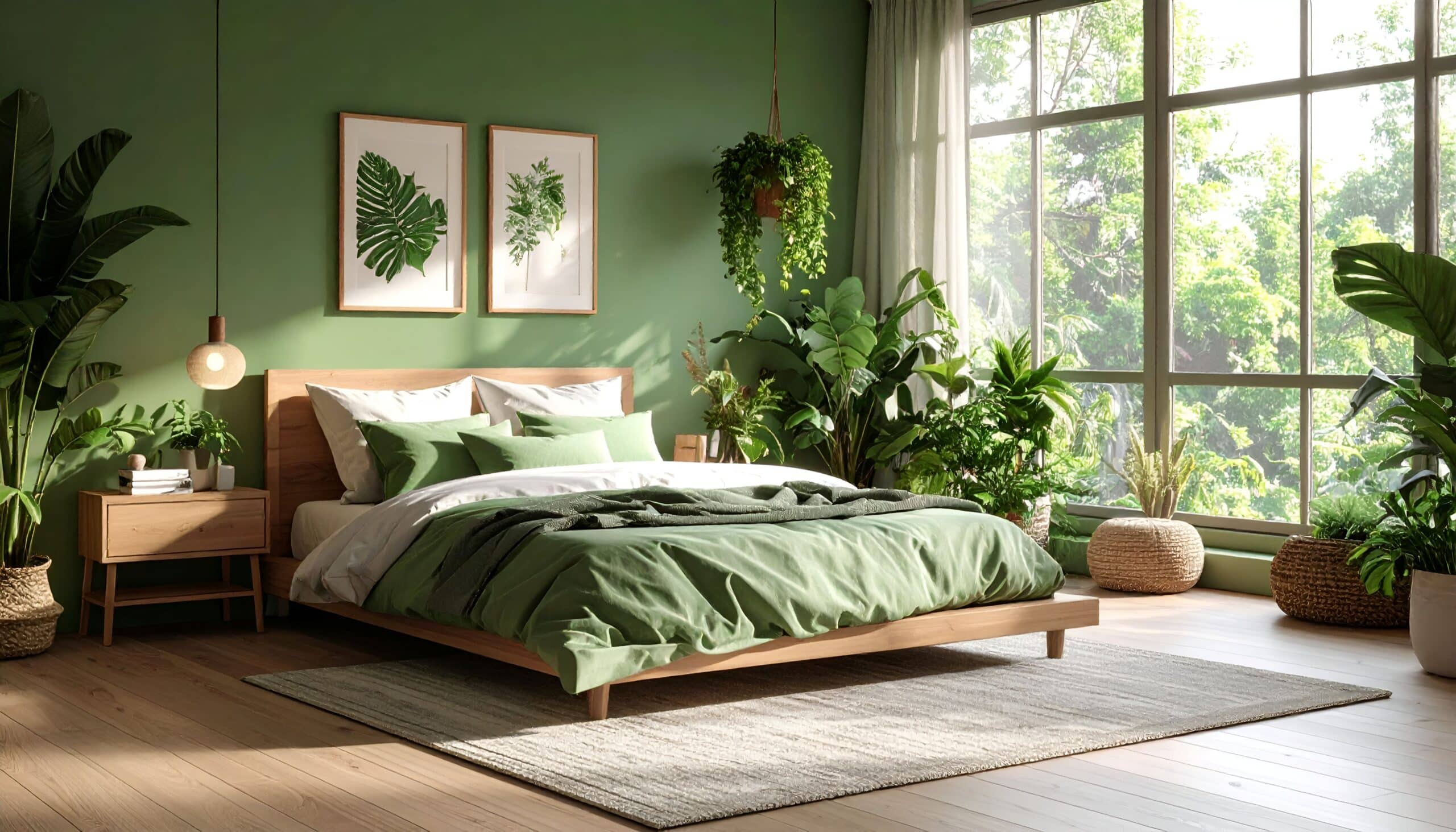 Grünes Schlafzimmer mit Pflanzen und natürlichem Licht.