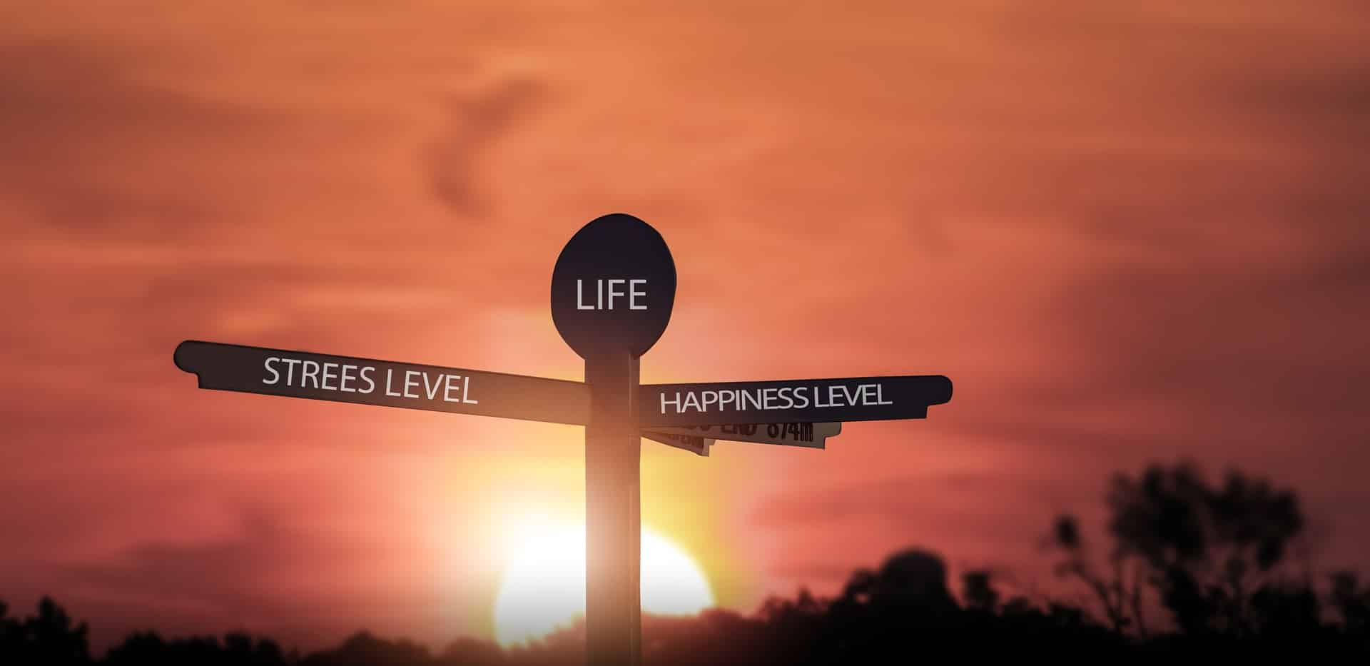 Wegweiser mit Stress Level und Happiness Level im Sonnenuntergang | Hypnose München
